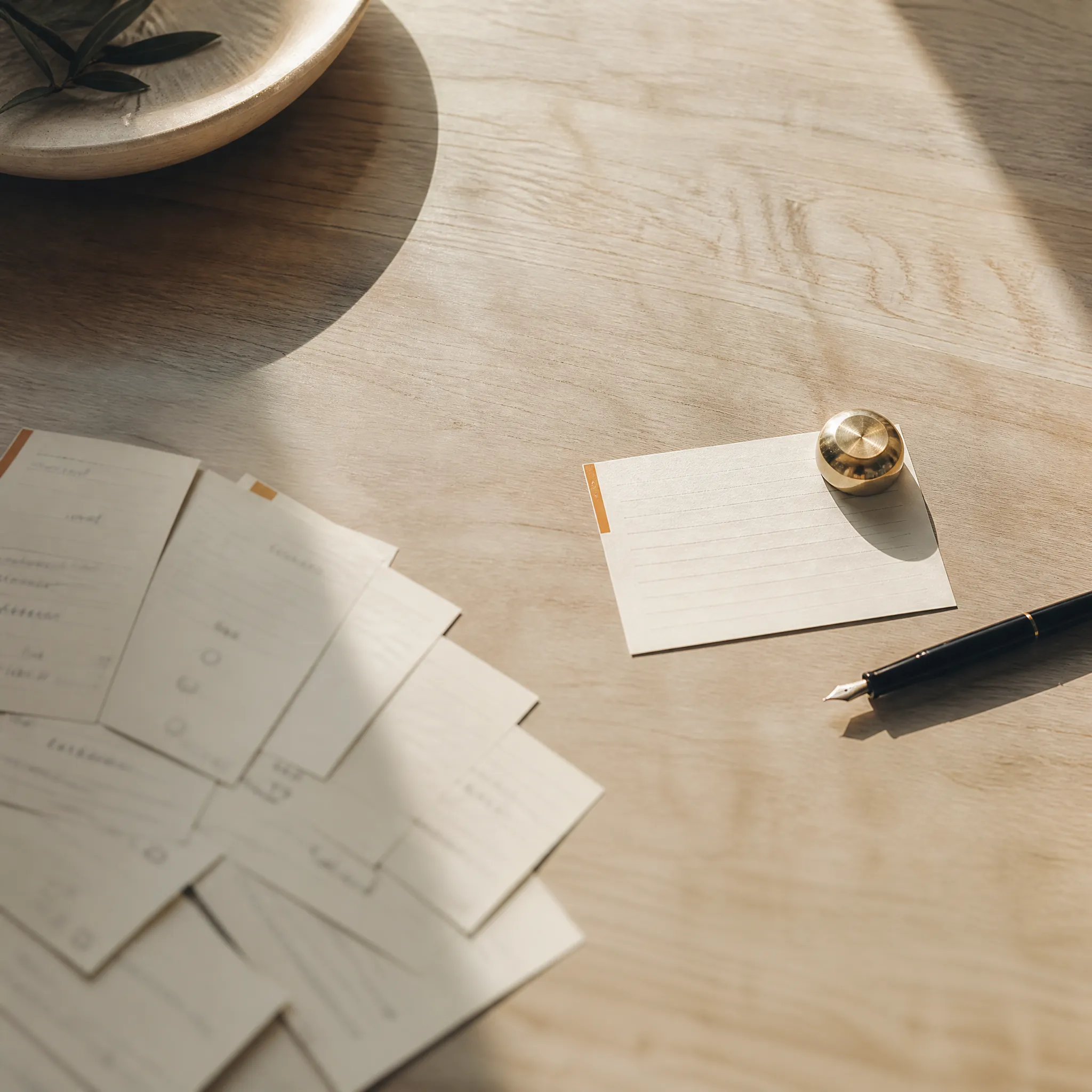 A fan of index cards on an oak desk, with one card set apart under a brass paperweight beside a fountain pen.