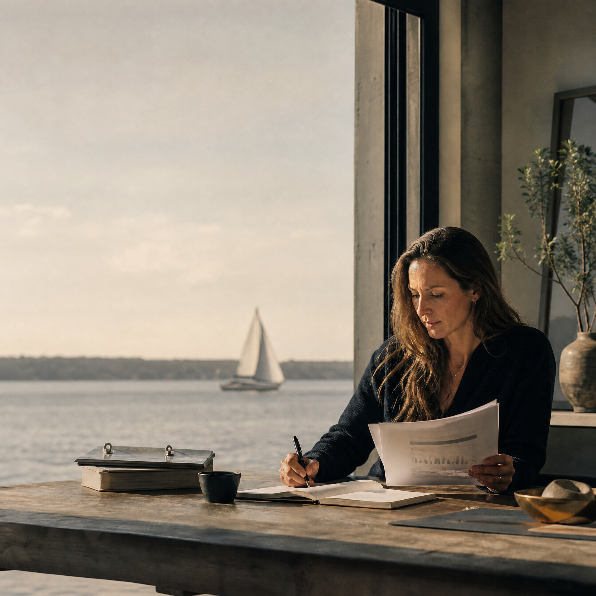 A founder working at a sunlit desk, a sailboat visible through the window